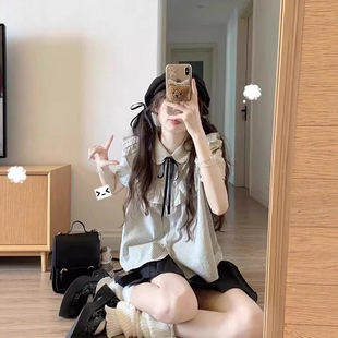 上衣裙子两件套日韩潮 2025学院风短袖 衬衫 女甜美JK衬衣新款 泡泡袖