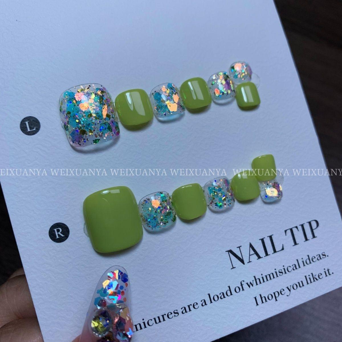 牛油果绿-新款爆闪亮片纯手工脚趾甲美甲成品网红ins显白夏日穿戴