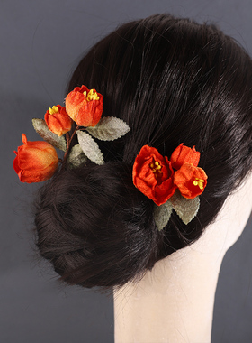 新中式汉服发钗橙色花朵发夹唐风头花古风头饰宋制绒花簪花新款