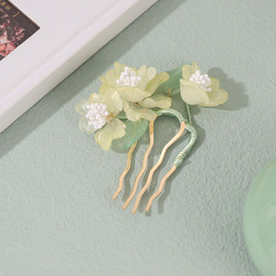 黄绿色琉璃花朵发梳古风超仙百搭汉服秀禾服头饰盘发拍照写真女款