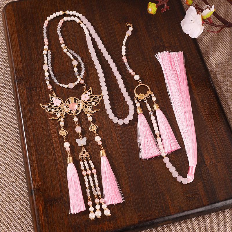 古风汉服粉色长背云璎珞项链新中式超仙蝴蝶吊坠项圈复古旗袍配饰