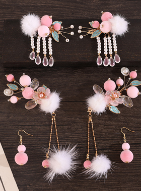 古风紫色仿绒花发夹森系手工对夹子汉服古装唐风花朵发饰百搭花朵