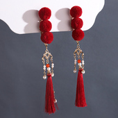 新中式 新年糖葫芦可爱红色流苏毛球发夹古风汉服新年发饰对夹配饰