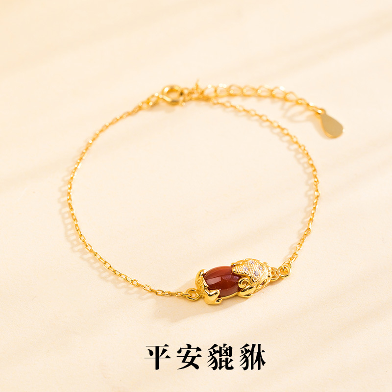 悦心S925纯银南红玛瑙髓貔貅手链气质好看女民族风和田玉首饰