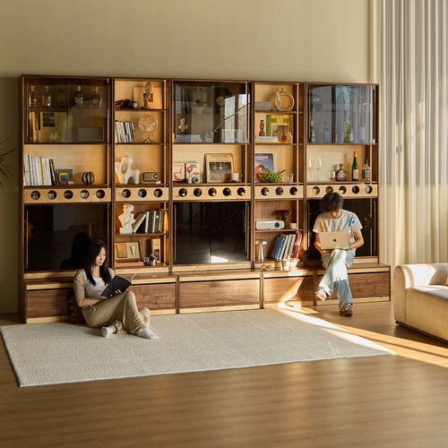 黑胡桃木落地书柜客厅展示柜卡座