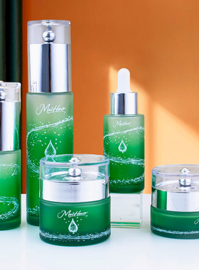 绿色水滴玻璃瓶30g、50克容器40ml、100ml泵头水乳瓶圆形玻璃瓶子