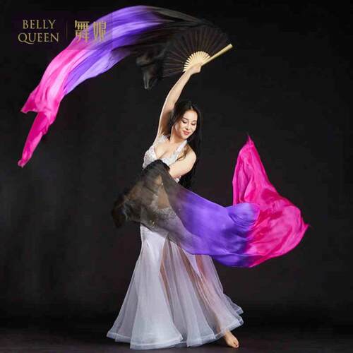 bellydance肚皮舞扇舞蹈道具真丝舞扇长绸扇子舞1.8米渐变三色扇1
