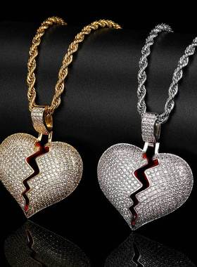 嘻哈饰品铜镶锆石爱心吊坠潮牌个性男女情侣心碎吊坠项链
