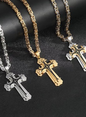 欧美双层腐蚀抹油十字架吊坠项链不锈钢钛钢男士