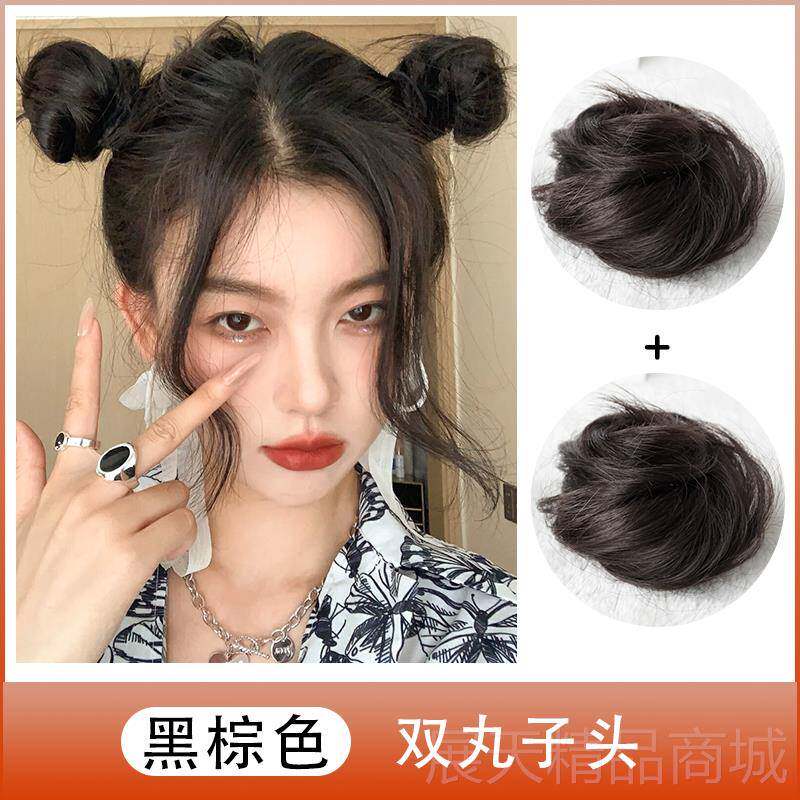 正品双丸子假发圈发盘发器女蓬子松真发丸头发饰哪咤头假头发圈花