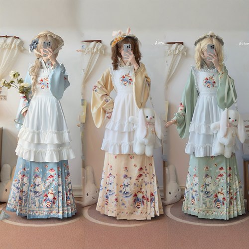 蓝色黄色绿色汉洋折衷罩群绣花