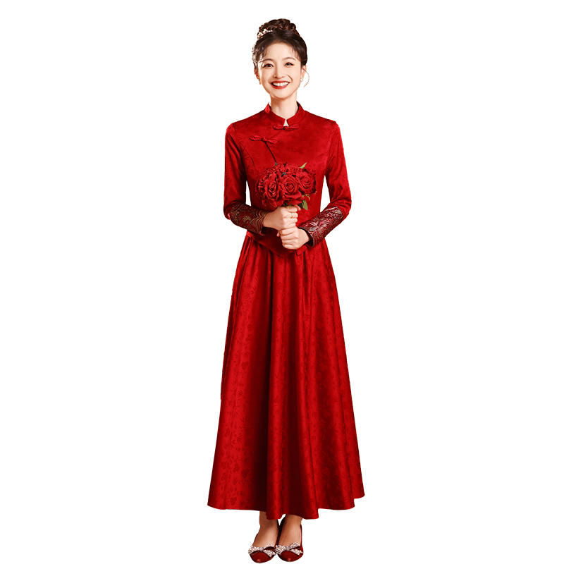新中式敬酒服2024新款新娘酒红色秀禾服套装旗袍国风婚服订婚礼服_虎窝淘