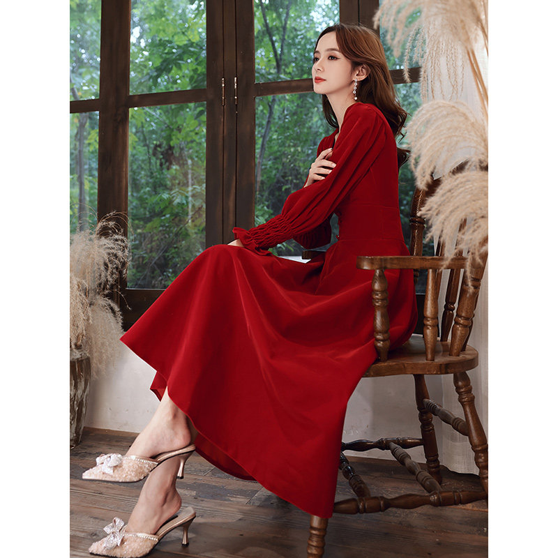 好货敬酒服长袖平时可穿订婚连衣裙红色长袖小礼服小个子新娘回门