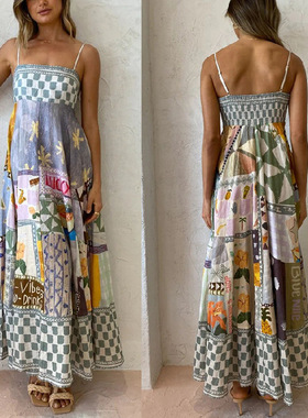 Summer sexy cotton linen printed large swing suspender dress