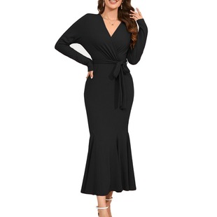 waist tied Casual evening sleeved neck dress long