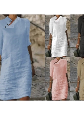 Casual button solid color mid sleeve dress 休闲中袖连衣裙