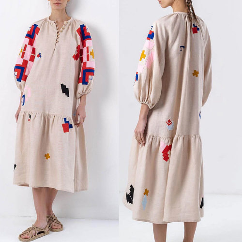 Loose and personalized printed casual lantern sleeve dress