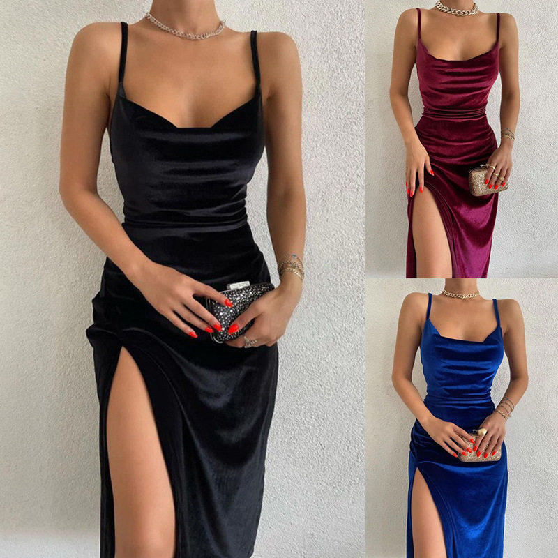 women's mid length long skirt sexy slit suspender dress 长裙