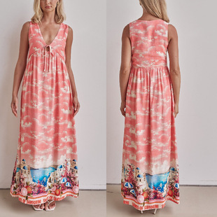 sleeveless neck Women dress casual long 长裙连衣裙 printed
