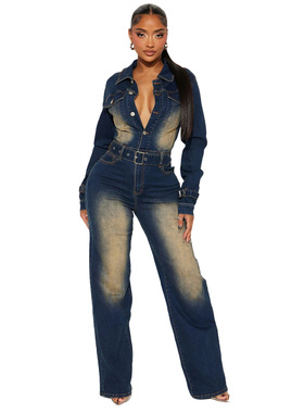 Elastic bell-bottom washout long-sleeved denim jumpsuit