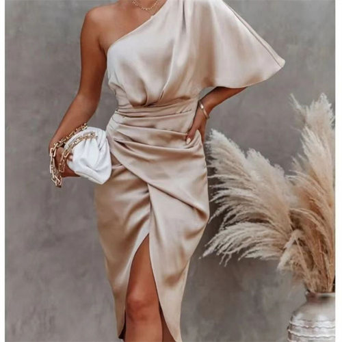 Women's sexy slanted shoulder long dress slit evening gown