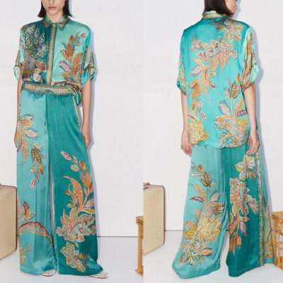 Printed satin short sleeved lapel shirt+long pant casual set