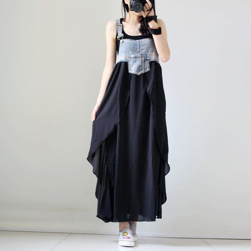 loose fashion denim patchwork chiffon shoulder strap dress