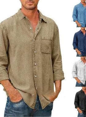 Men's Long Sleeve Pocket Single Button Shirt  男长袖衬衫上衣