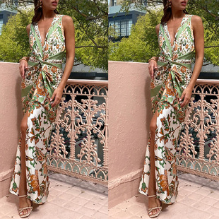 satin sleeveless slit 无袖 printed dress 女开叉连衣裙 neck