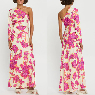 dress women long print skirt shoulder satin slanted Rose