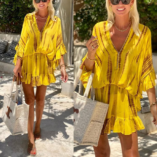 Diamond Printed Loose Dress Chiffon Tie Sleeve Summer Bat