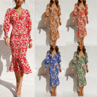 waisted long printed dress neck elastic Women sleeved