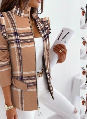 Lotus leaf edge long sleeved zipper printed suit jacket 外套