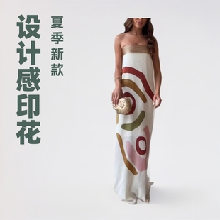 strapless fashionable satin printed 连衣裙 Summer dress sexy