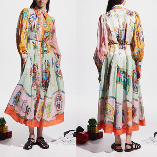 graffiti printed swing lantern dress big sleeve long lace