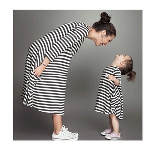 Women striped dress 黑白条纹母女装连衣裙时尚亲子装条纹亲子装