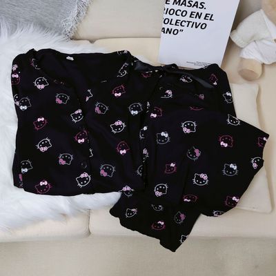 秋季新款V领螺纹冰丝黑KT猫睡衣女款甜美可爱长袖长裤家居服套装