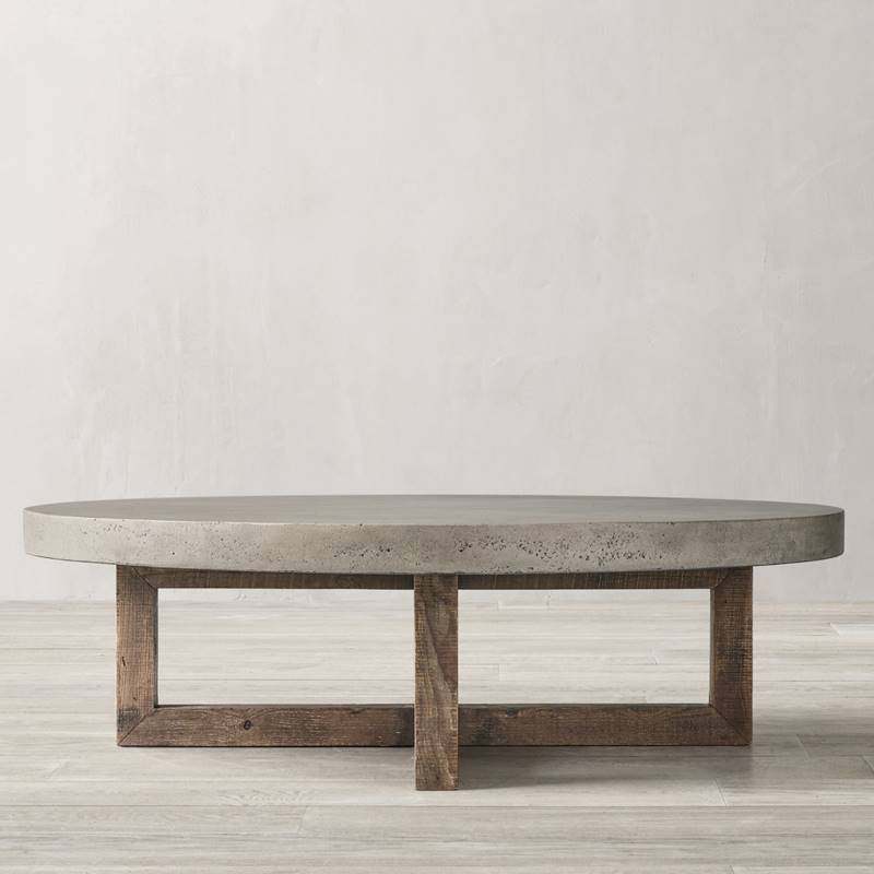 侘寂风简约实木仿水泥茶几美式复古做旧木质茶桌民宿客厅圆型边几