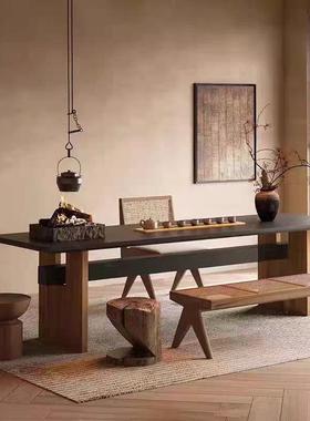 Wabi-Sabi风格实木茶几长桌家庭餐桌Normcore大会议桌黑色中世纪