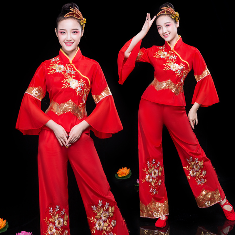 秧歌舞蹈演出服2018新款中老年扇子舞广场舞服装民族风套装女成人