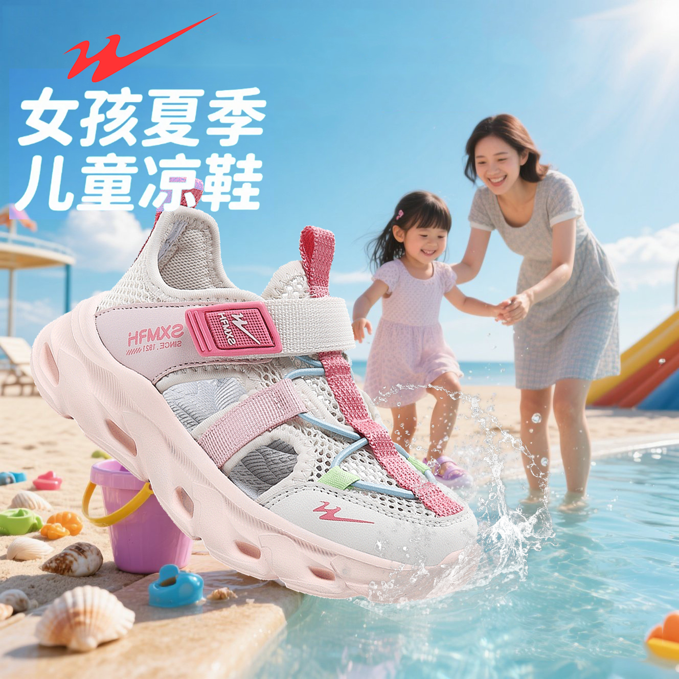 双星儿童凉鞋女孩夏季透气运动包头沙滩鞋女童夏天轻便软底溯溪鞋