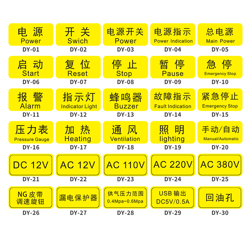 电源开关启动复位停止暂停急停报警指示灯蜂鸣器故障指示标识贴控制箱电力标牌安全警告机械设备按钮标识贴