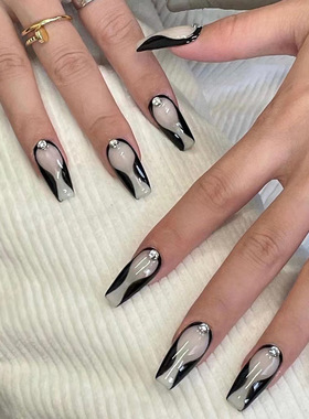 穿戴甲欧美Euphoria亢奋 Maddy同款美甲黑白水钻指甲贴片成品辣妹