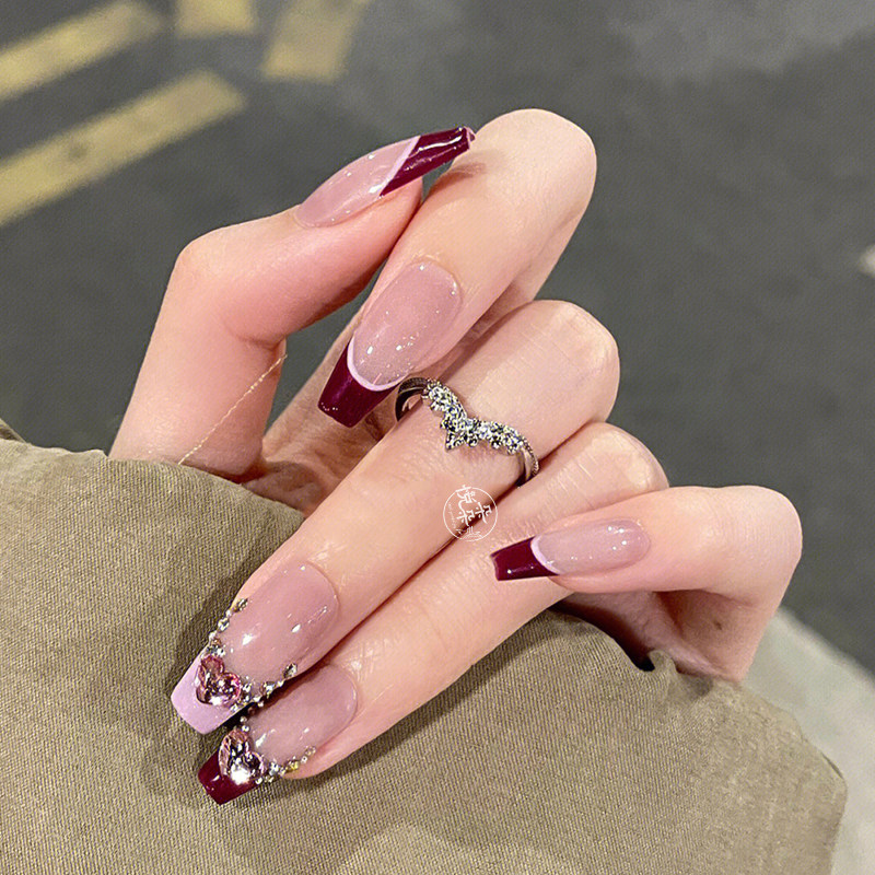 穿戴甲气质御姐树莓红法式爱心钻bling美甲贴片成品贵妇富家千金