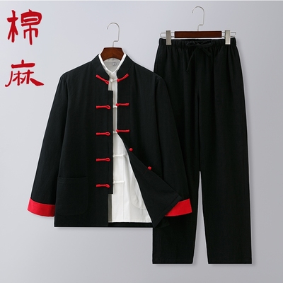 唐装男撞色挽袖中式汉服