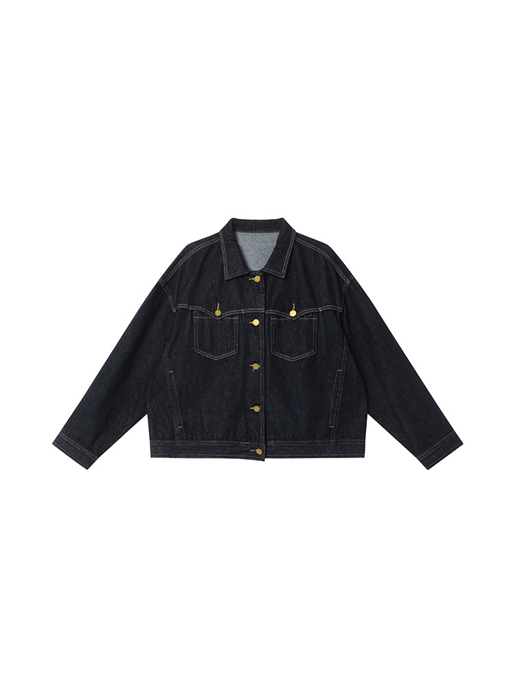 Black denim button-up jacket on a white background