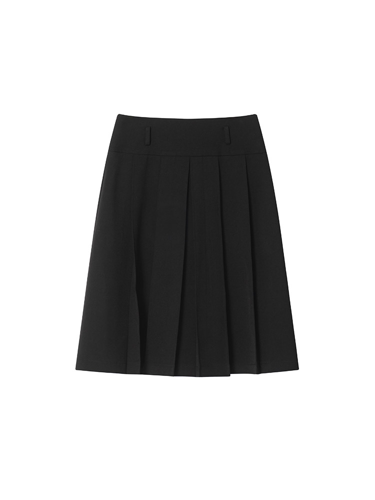 Black pleated skirt laid flat on a white background