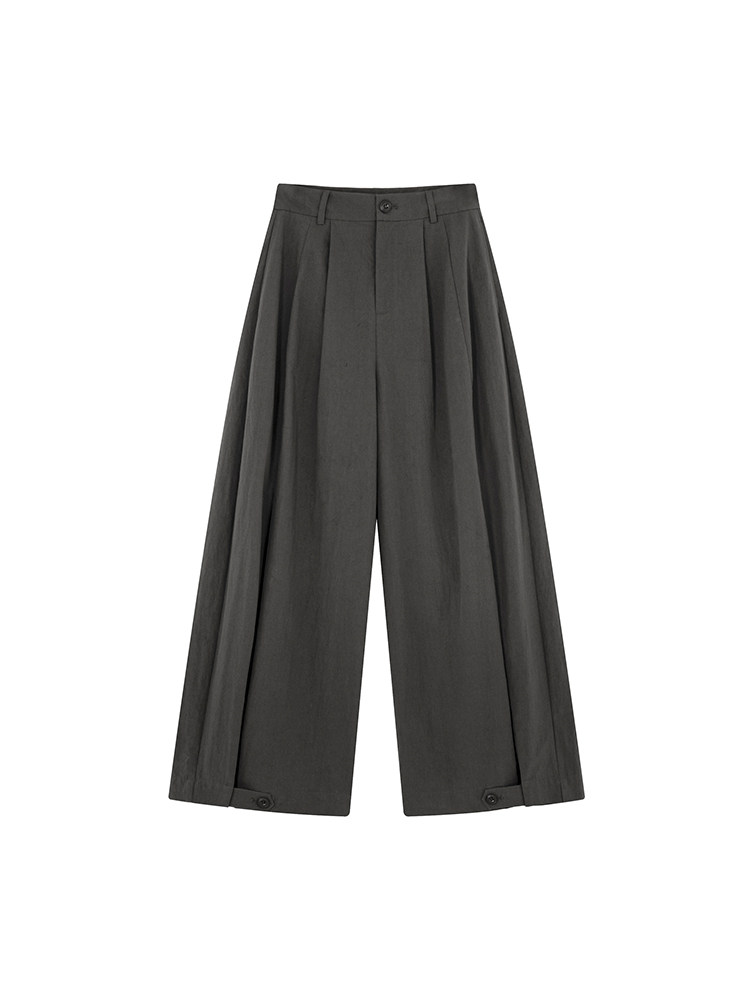 Dark wide-leg pleated trousers on a white background