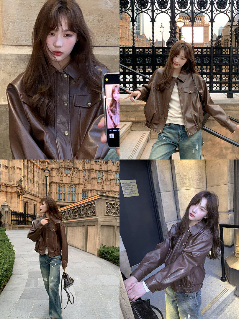 Brown leather jacket worn by a model in a street-style collage