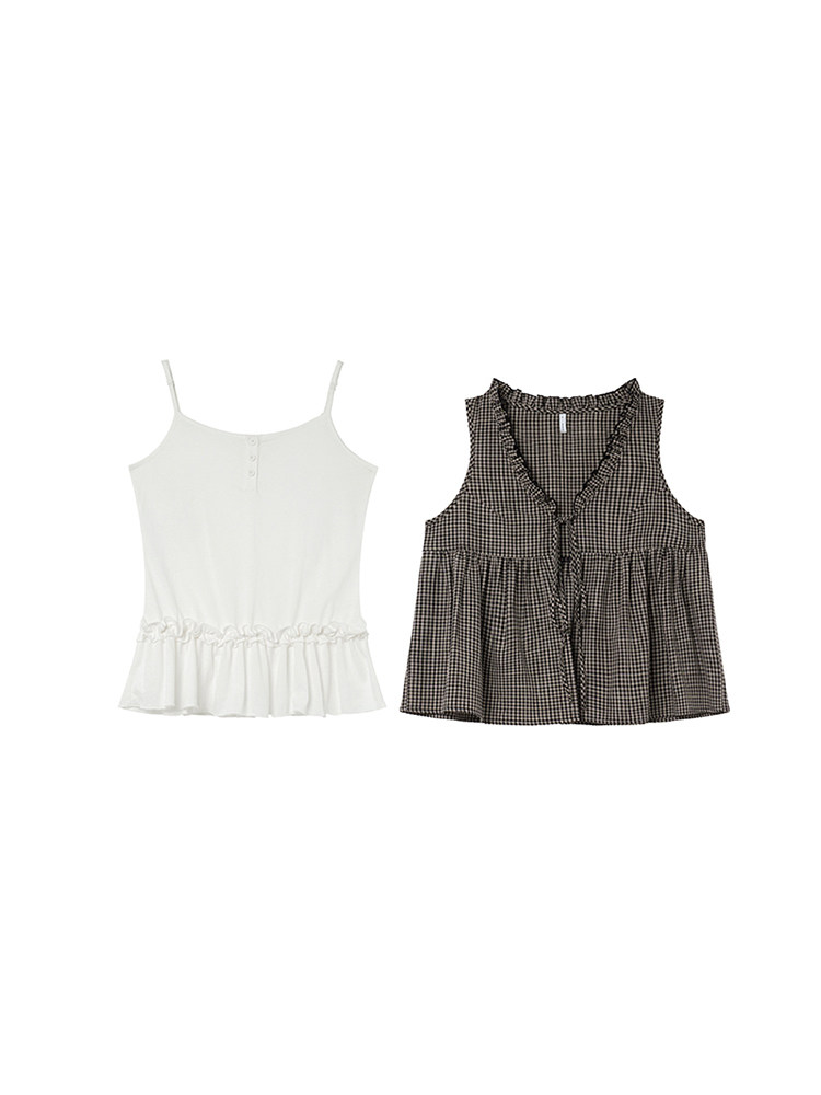Two sleeveless tops laid flat on a white background, one white ruffle-hem camisole and one black gingham peplum tank